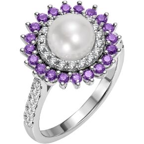 18K White Gold Plated Silver Ring With 8 Round Brilliant Freshwater Cultured Pearl Surrounded with Sapphire & Amethyst/Emerald/Ruby, Ring For Women, Gift For Her Jewelry For Women Comes With Gift Box