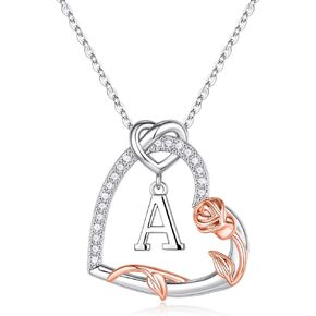 Yesteel Rose Heart Initial Necklaces Gifts for Women Teen Girls, Silver Plated Heart Initial Letter Pendant Necklace Jewelry Valentines Birthday Gifts for Her Girlfriend Wife Mom