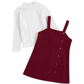 MakeMeChic Toddler Baby Girl Fall Outfits Mock Neck Long Sleeve Top and Corduroy Button Overall Dress Sets