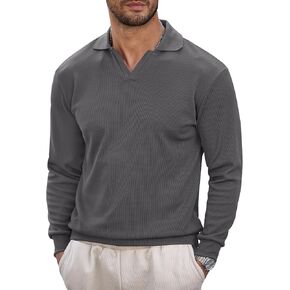 Mens Polo Shirts Long Sleeve V Neck Golf Shirt Casual Solid Color Classic Pullover (S-XXL) in Kuwait