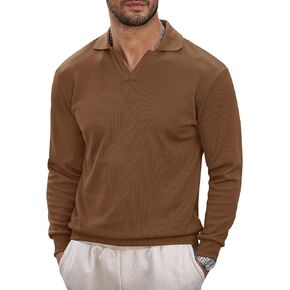 Mens Polo Shirts Long Sleeve V Neck Golf Shirt Casual Solid Color Classic Pullover (S-XXL)