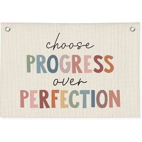 Positive Motivational Wall Decor, Progress Over Perfection Banner, Boho Classroom Decor, Linen Banner Wall Hanging Canvas Banner Flag Decor for School Playroom Classroom