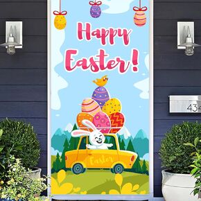 Happy Easter Bunny Banner Rabbit and Easter Eggs Theme Backdrop Decor Decorations for Front Door Porch Spring Holiday Jesus Easter Theme Party Supplies Easter Egg Hunts Photo Booth Props Background