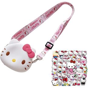 Kitty Cat Purse with Adjustable Lanyard And Stickers, Zipper Kitty Cat Wallet Kuluomi Crossbody Bag Shoulder Bag Coin Pouch Sanlio Accessories for Women