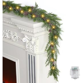 Artgar Pine Garland Realistic, 6 FT Cedar Garland, Christmas Garland with 30 Warm Lights with 8 Light Modes, Garland Christmas Decorations for Mantels Stair Table Decor (White-Green)