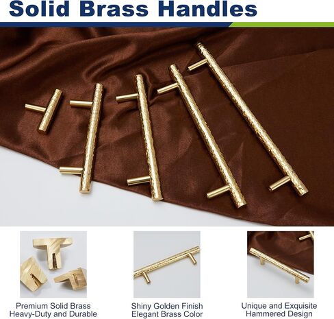 3-Pack Solid Brass Kitchen Cabinet Pulls, Gold Modern T-Bar Handles, 3-Inch Hole Center Hammered Handles for Dresser Drawer Cupboard, 4-13/16 Inch Total Length, Polished Finish in Saudi Arabia