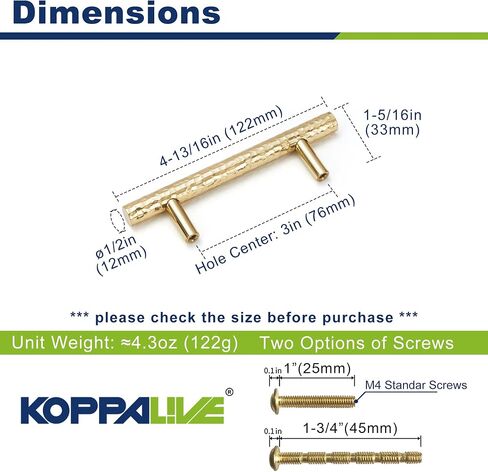 3-Pack Solid Brass Kitchen Cabinet Pulls, Gold Modern T-Bar Handles, 3-Inch Hole Center Hammered Handles for Dresser Drawer Cupboard, 4-13/16 Inch Total Length, Polished Finish in Saudi Arabia
