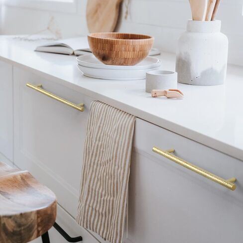 3-Pack Solid Brass Kitchen Cabinet Pulls, Gold Modern T-Bar Handles, 3-Inch Hole Center Hammered Handles for Dresser Drawer Cupboard, 4-13/16 Inch Total Length, Polished Finish in Saudi Arabia