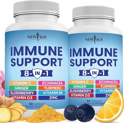 NEW AGE 8 in 1 Immune Support Booster Supplement with Echinacea, Vitamin C and Zinc 50mg, Vitamin D 5000 IU, Turmeric Curcumin & Ginger, B6, Elderberry 120 Count (Pack of 2) in Saudi Arabia