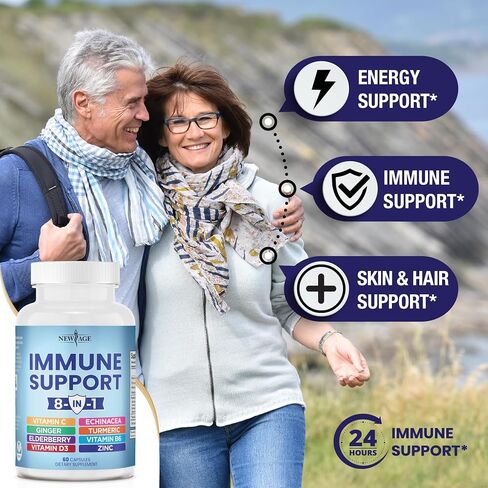 NEW AGE 8 in 1 Immune Support Booster Supplement with Echinacea, Vitamin C and Zinc 50mg, Vitamin D 5000 IU, Turmeric Curcumin & Ginger, B6, Elderberry 120 Count (Pack of 2) in Saudi Arabia