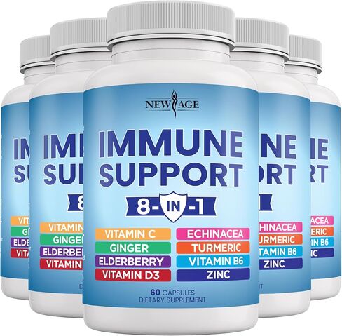 NEW AGE 8 in 1 Immune Support Booster Supplement with Echinacea, Vitamin C and Zinc 50mg, Vitamin D 5000 IU, Turmeric Curcumin & Ginger, B6, Elderberry 120 Count (Pack of 2) in Saudi Arabia