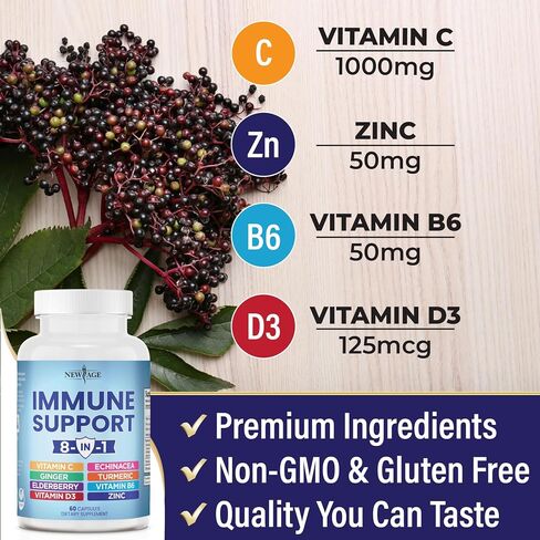 NEW AGE 8 in 1 Immune Support Booster Supplement with Echinacea, Vitamin C and Zinc 50mg, Vitamin D 5000 IU, Turmeric Curcumin & Ginger, B6, Elderberry 120 Count (Pack of 2) in Saudi Arabia