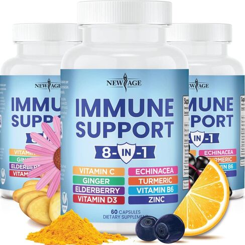NEW AGE 8 in 1 Immune Support Booster Supplement with Echinacea, Vitamin C and Zinc 50mg, Vitamin D 5000 IU, Turmeric Curcumin & Ginger, B6, Elderberry 120 Count (Pack of 2) in Saudi Arabia