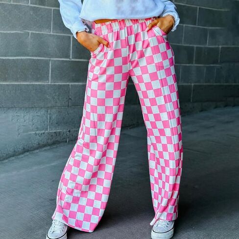 Lightweight Wide Leg Checkered Pants for Women Fashion Casual Loose Fit Plaid Trousers Sweatpants Pajama Pants Bottoms in Kuwait