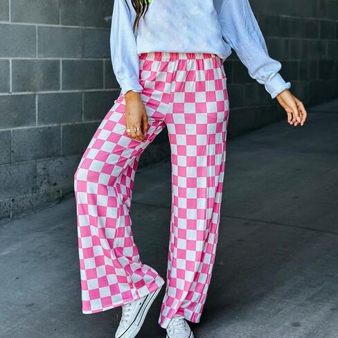 Lightweight Wide Leg Checkered Pants for Women Fashion Casual Loose Fit Plaid Trousers Sweatpants Pajama Pants Bottoms in Kuwait