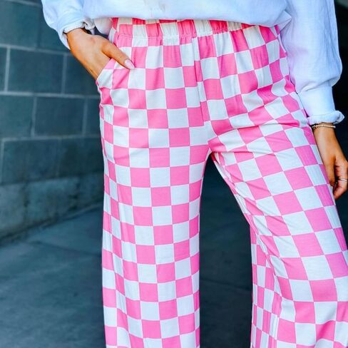 Lightweight Wide Leg Checkered Pants for Women Fashion Casual Loose Fit Plaid Trousers Sweatpants Pajama Pants Bottoms in Kuwait