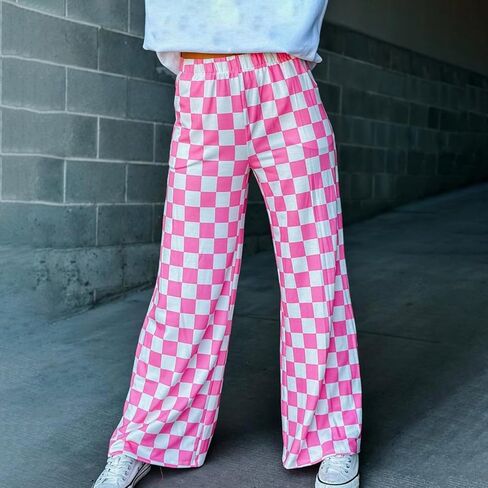 Lightweight Wide Leg Checkered Pants for Women Fashion Casual Loose Fit Plaid Trousers Sweatpants Pajama Pants Bottoms in Kuwait