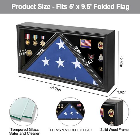 حافظة عرض علم الدفن الكبيرة مصنوعة من الخشب الصلب ذات العلم الأمريكي تناسب صندوق الظل العسكري ذو العلم المطوي مقاس 5 × 9.5 بوصة مع الزجاج المقسى وحامل الشهادات، لمسة نهائية من الماهوجني in Kuwait