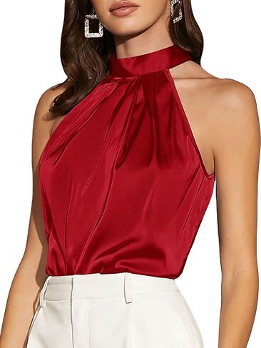 WDIRARA Women's Satin Halter Top Casual Shirt Sleeveless Blouse in Saudi Arabia
