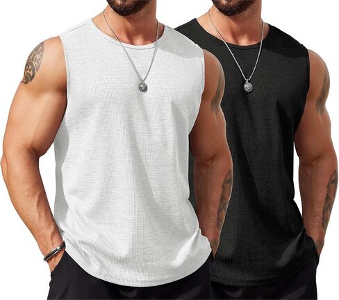 COOFANDY Men's Workout Tank Tops Sleeveless Gym Muscle Tee Shirts 2 Pack Casual Breathable Waffle Knit Tanks in Kuwait
