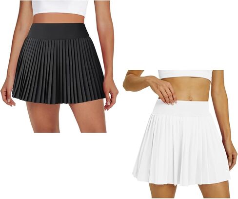 تنانير تنس نسائية بطيات مع شورت جيب باللونين الأبيض والأسود in Kuwait