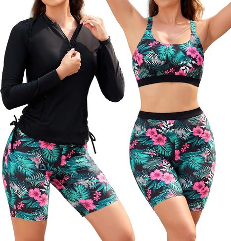 SHEKINI Women's 3 Piece Rash Guard Swimsuit Set Built-in Bra Tank Top Long Sleeve Zip Up Shirt Board Shorts Swimwear Bottom in Kuwait