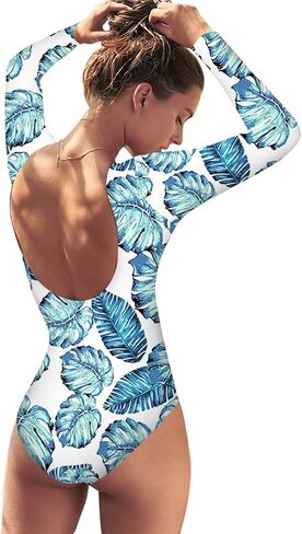 Women's Long Sleeve Bathing Suit One Piece Swimsuit Floral Print Backless Swimwear in Saudi Arabia