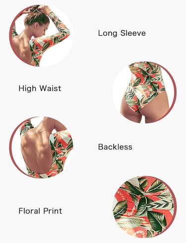 Women's Long Sleeve Bathing Suit One Piece Swimsuit Floral Print Backless Swimwear in Saudi Arabia