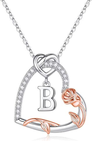 Yesteel Rose Heart Initial Necklaces Gifts for Women Teen Girls, Silver Plated Heart Initial Letter Pendant Necklace Jewelry Valentines Birthday Gifts for Her Girlfriend Wife Mom in Saudi Arabia