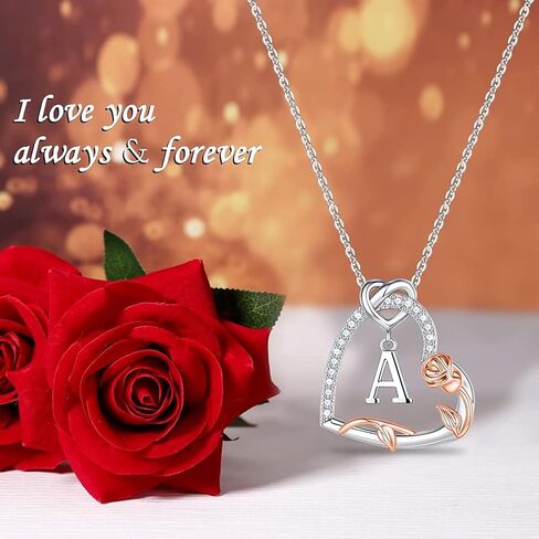 Yesteel Rose Heart Initial Necklaces Gifts for Women Teen Girls, Silver Plated Heart Initial Letter Pendant Necklace Jewelry Valentines Birthday Gifts for Her Girlfriend Wife Mom in Saudi Arabia