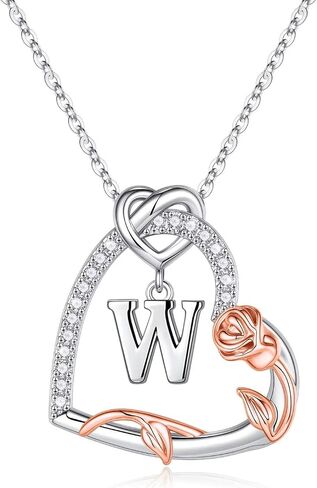 Yesteel Rose Heart Initial Necklaces Gifts for Women Teen Girls, Silver Plated Heart Initial Letter Pendant Necklace Jewelry Valentines Birthday Gifts for Her Girlfriend Wife Mom in Saudi Arabia