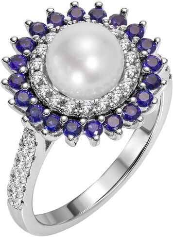 خاتم من الفضة المطلية بالذهب الأبيض عيار 18 قيراط مع 8 لؤلؤ مستنبت من المياه العذبة الرائعة محاط بالياقوت والجمشت/الزمرد/الياقوت، خاتم للنساء، هدية لمجوهراتها للنساء تأتي مع صندوق هدايا in Kuwait