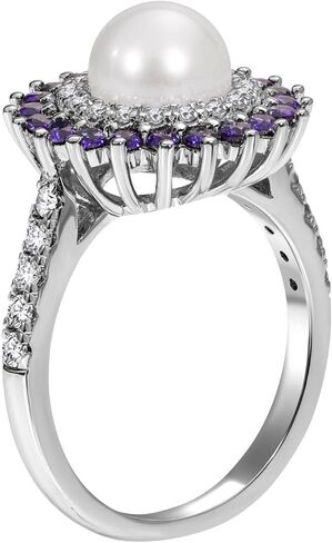 خاتم من الفضة المطلية بالذهب الأبيض عيار 18 قيراط مع 8 لؤلؤ مستنبت من المياه العذبة الرائعة محاط بالياقوت والجمشت/الزمرد/الياقوت، خاتم للنساء، هدية لمجوهراتها للنساء تأتي مع صندوق هدايا in Kuwait