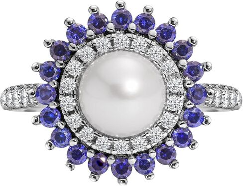 خاتم من الفضة المطلية بالذهب الأبيض عيار 18 قيراط مع 8 لؤلؤ مستنبت من المياه العذبة الرائعة محاط بالياقوت والجمشت/الزمرد/الياقوت، خاتم للنساء، هدية لمجوهراتها للنساء تأتي مع صندوق هدايا in Kuwait