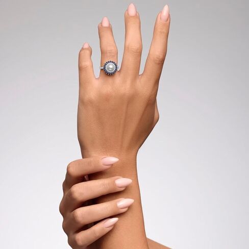 خاتم من الفضة المطلية بالذهب الأبيض عيار 18 قيراط مع 8 لؤلؤ مستنبت من المياه العذبة الرائعة محاط بالياقوت والجمشت/الزمرد/الياقوت، خاتم للنساء، هدية لمجوهراتها للنساء تأتي مع صندوق هدايا in Kuwait