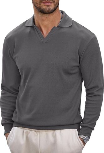 Mens Polo Shirts Long Sleeve V Neck Golf Shirt Casual Solid Color Classic Pullover (S-XXL) in Kuwait