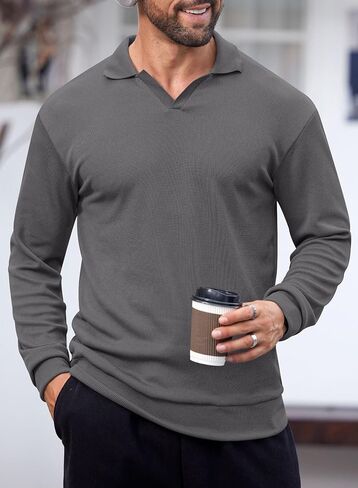 Mens Polo Shirts Long Sleeve V Neck Golf Shirt Casual Solid Color Classic Pullover (S-XXL) in Kuwait