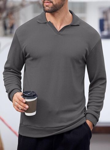 Mens Polo Shirts Long Sleeve V Neck Golf Shirt Casual Solid Color Classic Pullover (S-XXL) in Kuwait