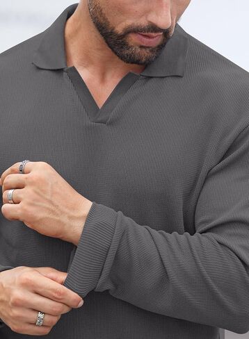 Mens Polo Shirts Long Sleeve V Neck Golf Shirt Casual Solid Color Classic Pullover (S-XXL) in Kuwait