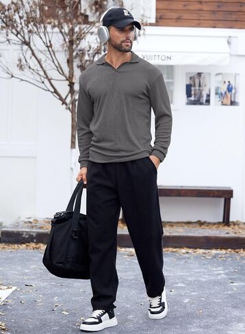 Mens Polo Shirts Long Sleeve V Neck Golf Shirt Casual Solid Color Classic Pullover (S-XXL) in Kuwait