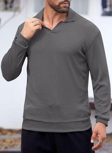 Mens Polo Shirts Long Sleeve V Neck Golf Shirt Casual Solid Color Classic Pullover (S-XXL) in Kuwait