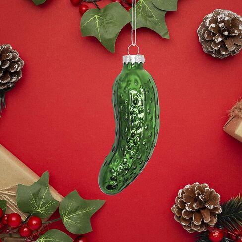 Blown Glass Pickle Ornament for Christmas Tree (1 Piece) Christmas Tree Pickle Ornament 4" Traditional German Game Find The Pickle, Christmas Decoration by 4E's Novelty (Metallic Green) in Saudi Arabia