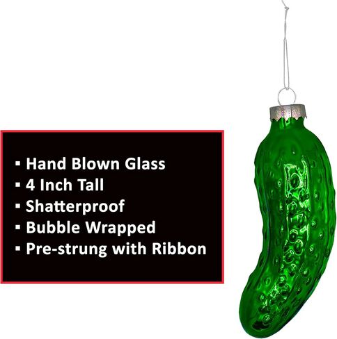 Blown Glass Pickle Ornament for Christmas Tree (1 Piece) Christmas Tree Pickle Ornament 4" Traditional German Game Find The Pickle, Christmas Decoration by 4E's Novelty (Metallic Green) in Saudi Arabia