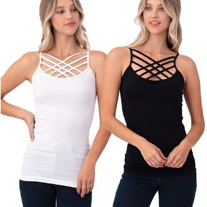 2 Pack Women Criss Cross Strappy Front Basic Round HollowOut Neck Seamless Camisole Tank Top