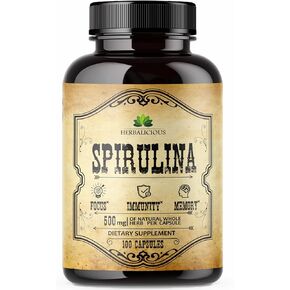 Spirulina Capsules-Natural Daily Superfood Supplement-Blue Green Algae Extract with B Vitamins, Iron, Amino Acid&Antioxidants to Support Immune System Function, Total Body Cleanse 100pcs