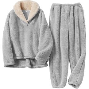 Womens 2 Piece Fluffy Pajama Lounge Set Loose Pullover Pants Sleepwear with Pockets