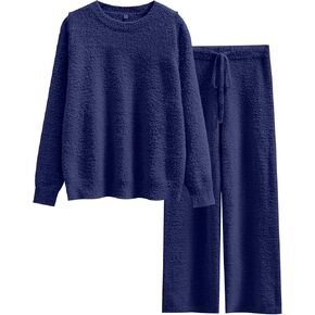 ANRABESS Women's Fuzzy Fleece Pajama Sets 2 Piece Outfits Long Sleeve Top Wide Leg Pants Lounge Matching Set 2024 Fall Winter