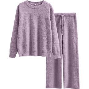 ANRABESS Women's Fuzzy Fleece Pajama Sets 2 Piece Outfits Long Sleeve Top Wide Leg Pants Lounge Matching Set 2024 Fall Winter