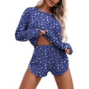 Ekouaer Womens Waffle Knit Lounge Set Long Sleeve Top and Shorts Pajama Set Print Comfy Sets Loungewear with Pockets S-XXL