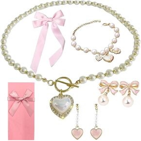 Pearl Coquette Jewelry Set - Pearl Bow Earrings Pink Bows for Hair for Women Pearl Choker Necklace Coquette Accessories Trendy Gifts,Christmas Gifts